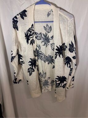 Cream Open-Front Floral Cardigan with Navy Print